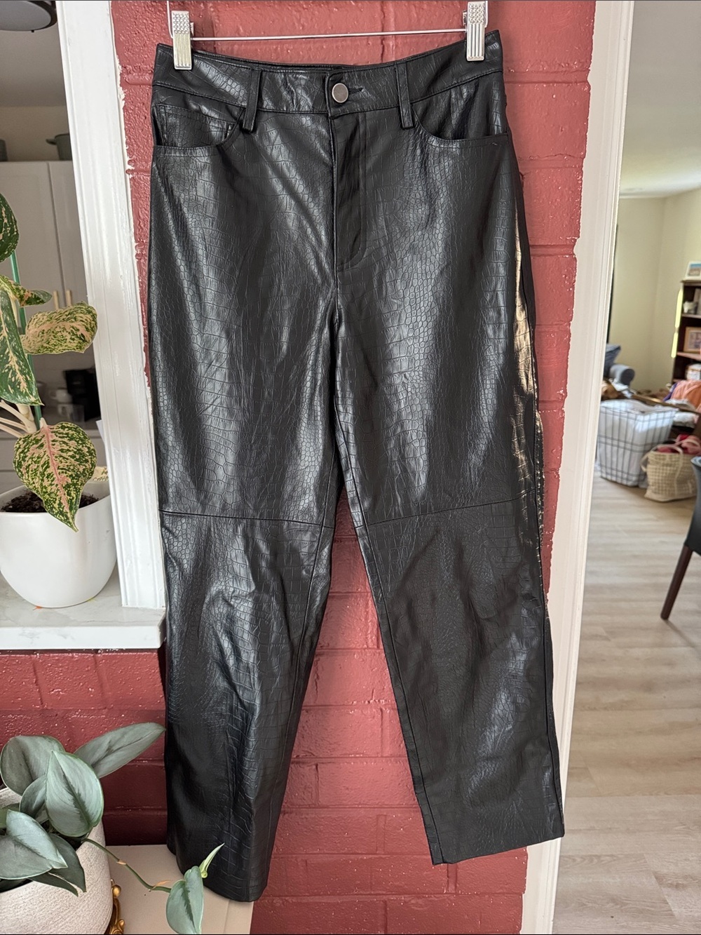 Mango Black Women's Crocodile Faux-Leather Straight Leg Pants